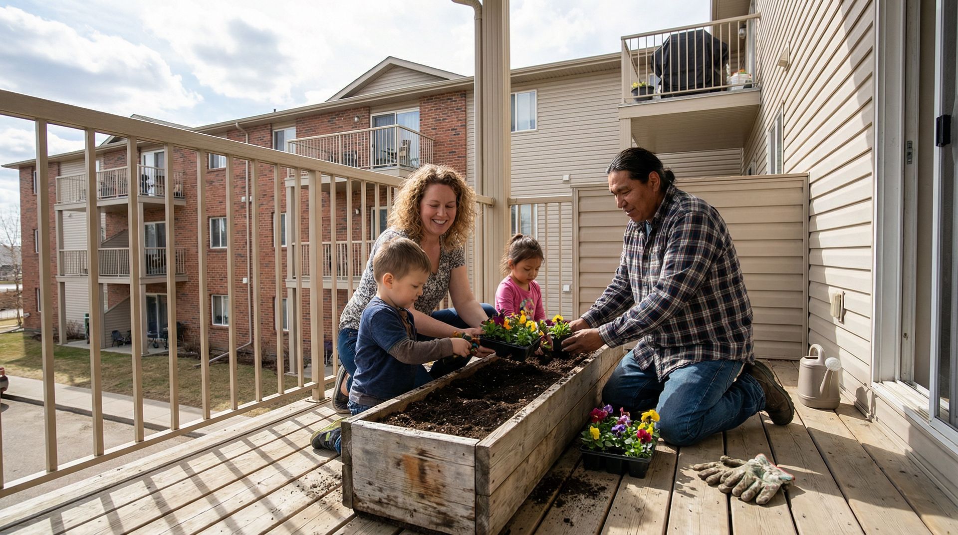 A family planting flowers together in a wooden planter box on an apartment balcony.