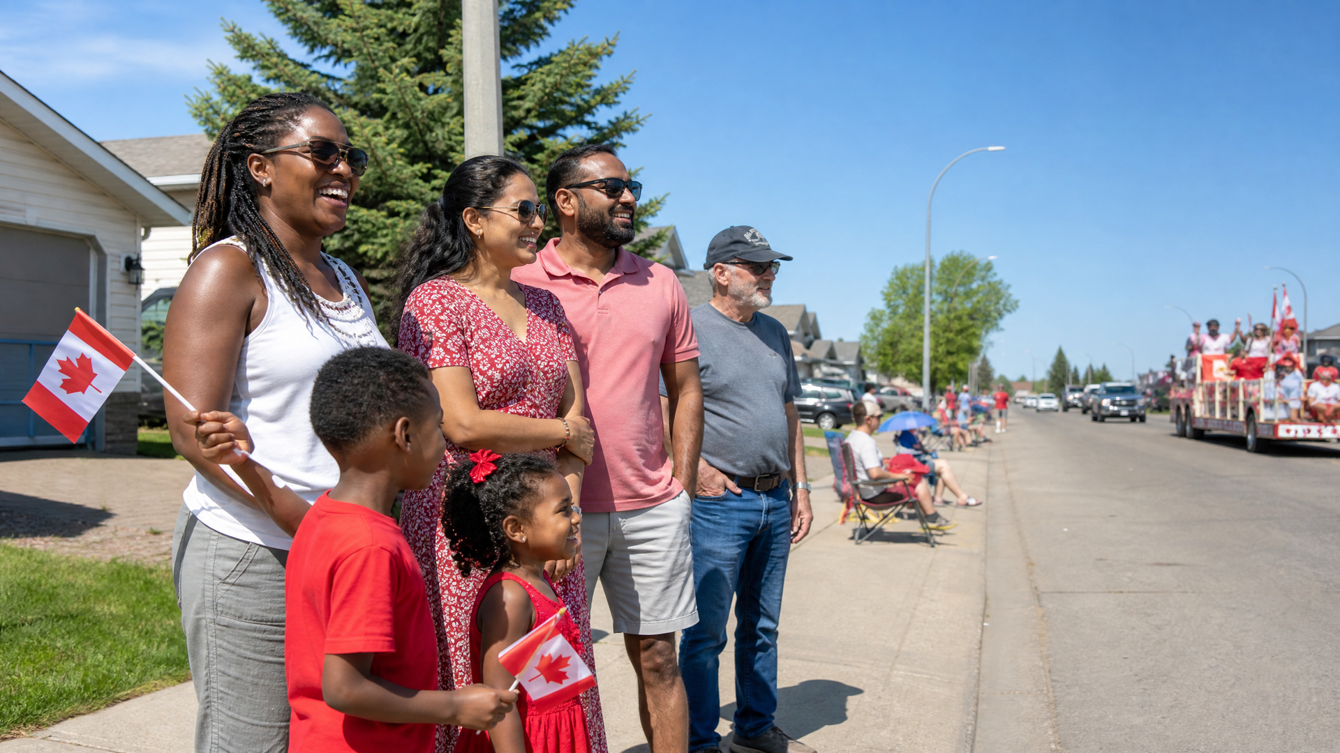 People standing along a roadside holding Canadian flags, watching a parade on a sunny day