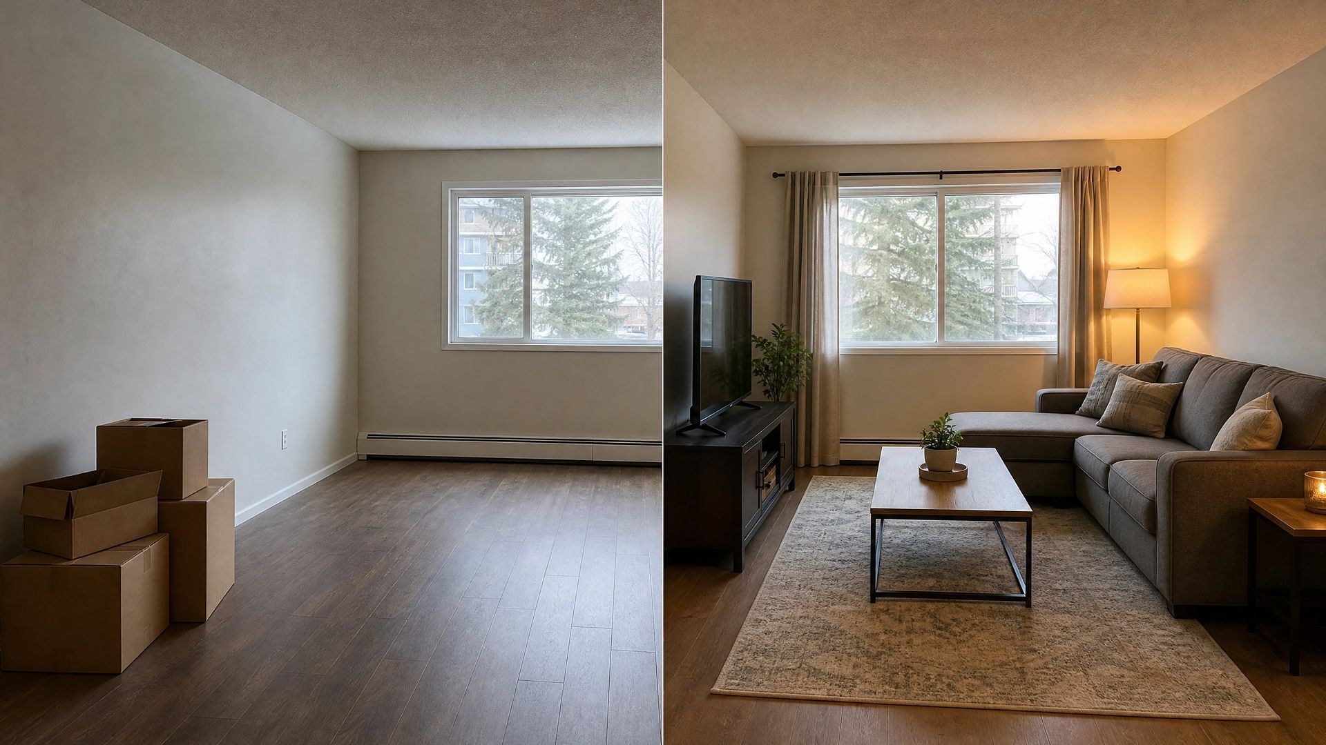 Empty living room with sofa, coffee table, boxes, TV, and large windows overlooking trees.
