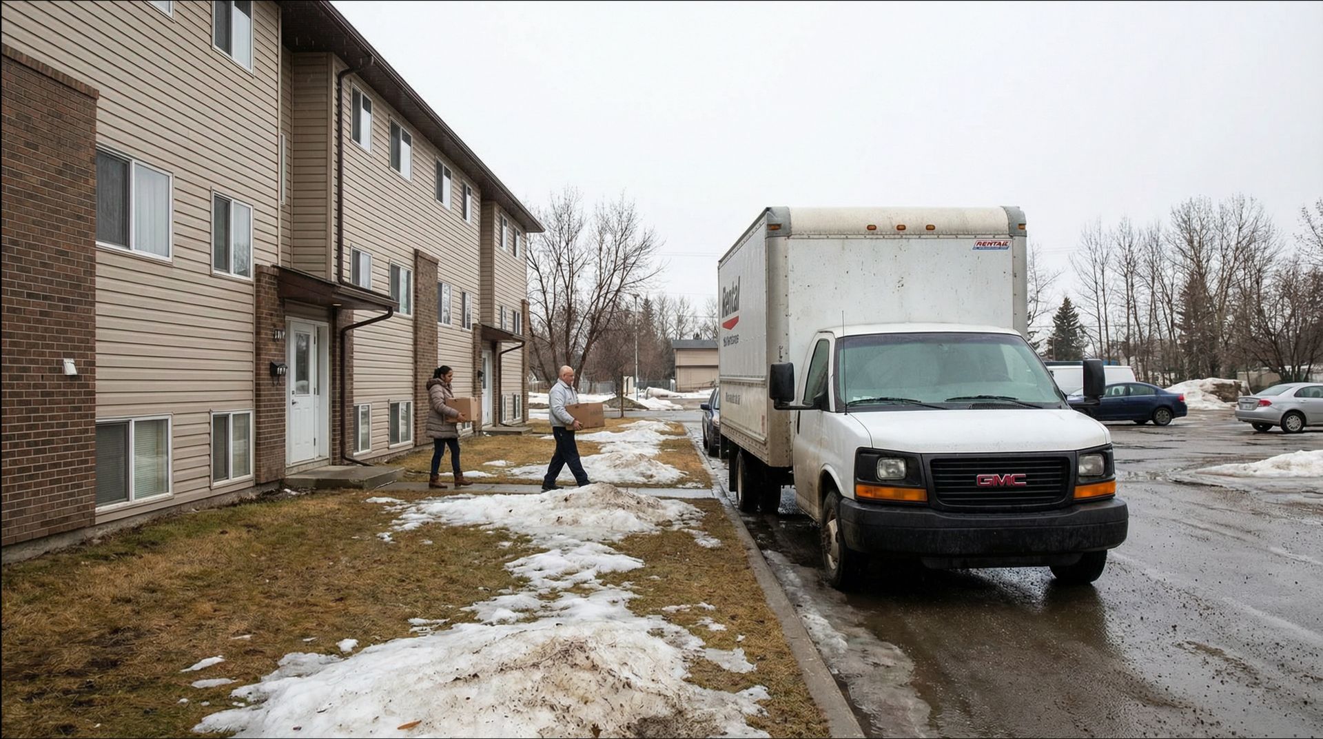 A moving truck parked near an apartment building. Two people stand near an entrance. Snow and mud on the ground.