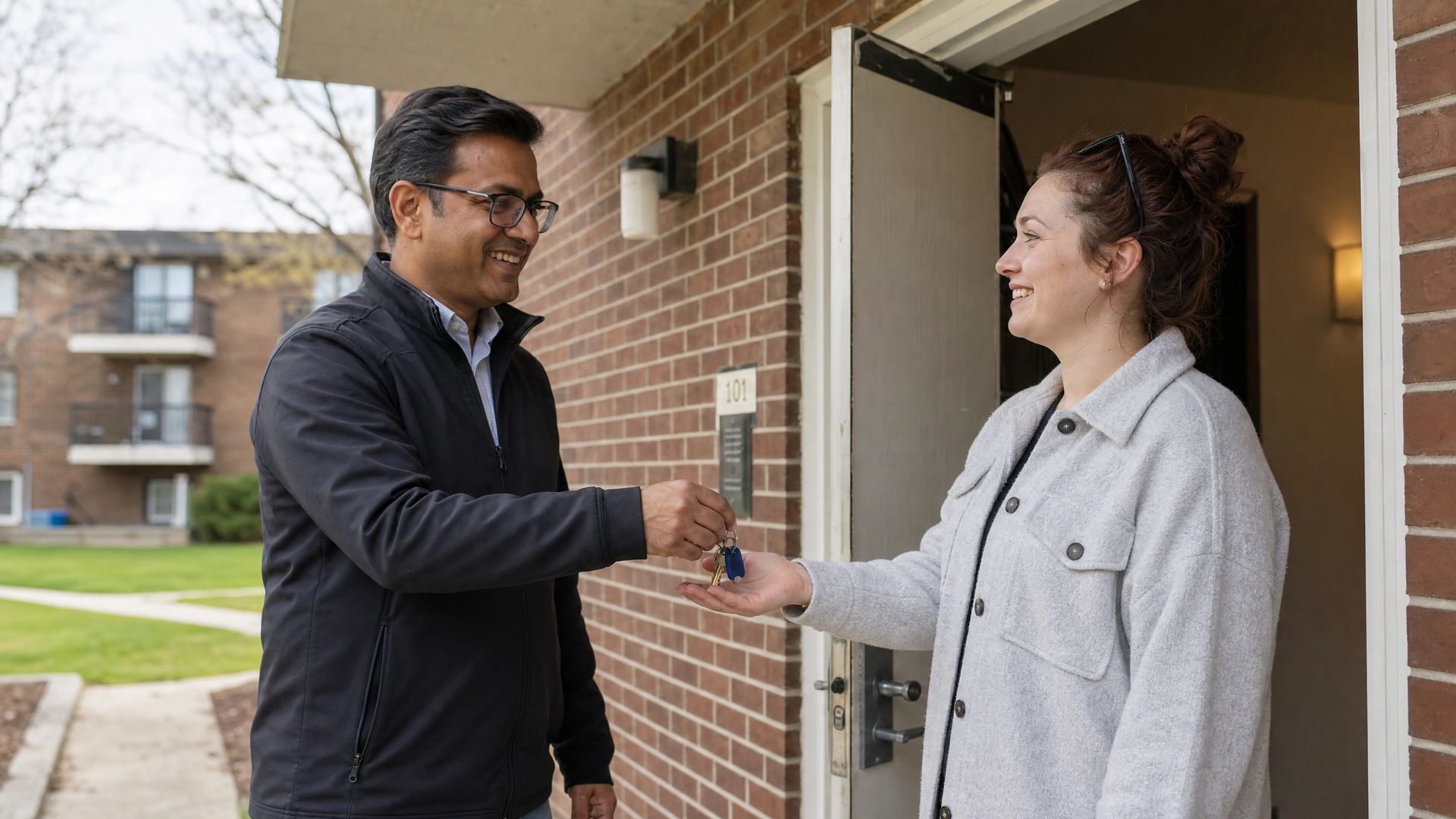 Two people shake hands at a doorway of a brick apartment building.