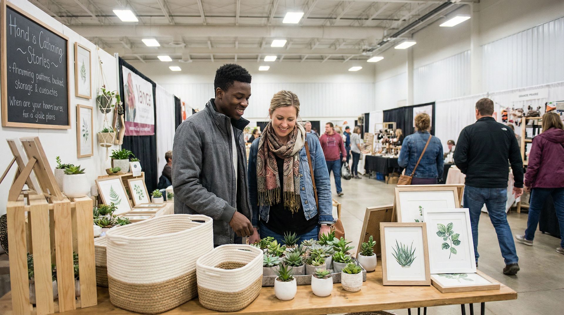 Two people browse small potted plants and art prints at a craft fair vendor booth in a large indoor venue.