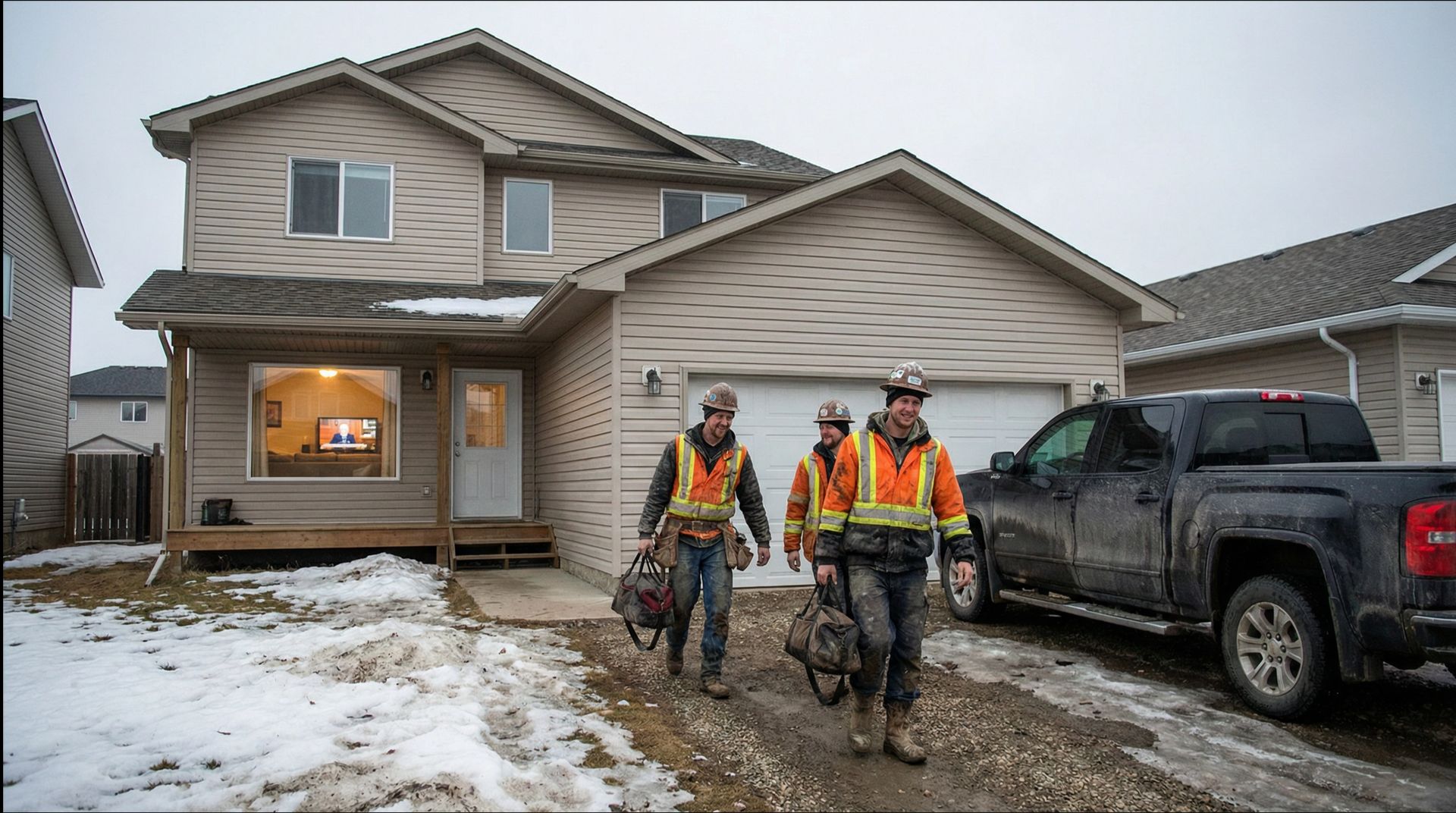 Three workers in safety vests exit a house with tools; snowy driveway, truck parked.
