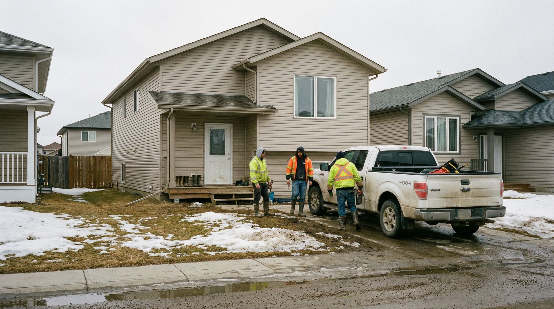Three workers in high-visibility safety gear stand by a white pickup truck parked in front of a beige suburban house.