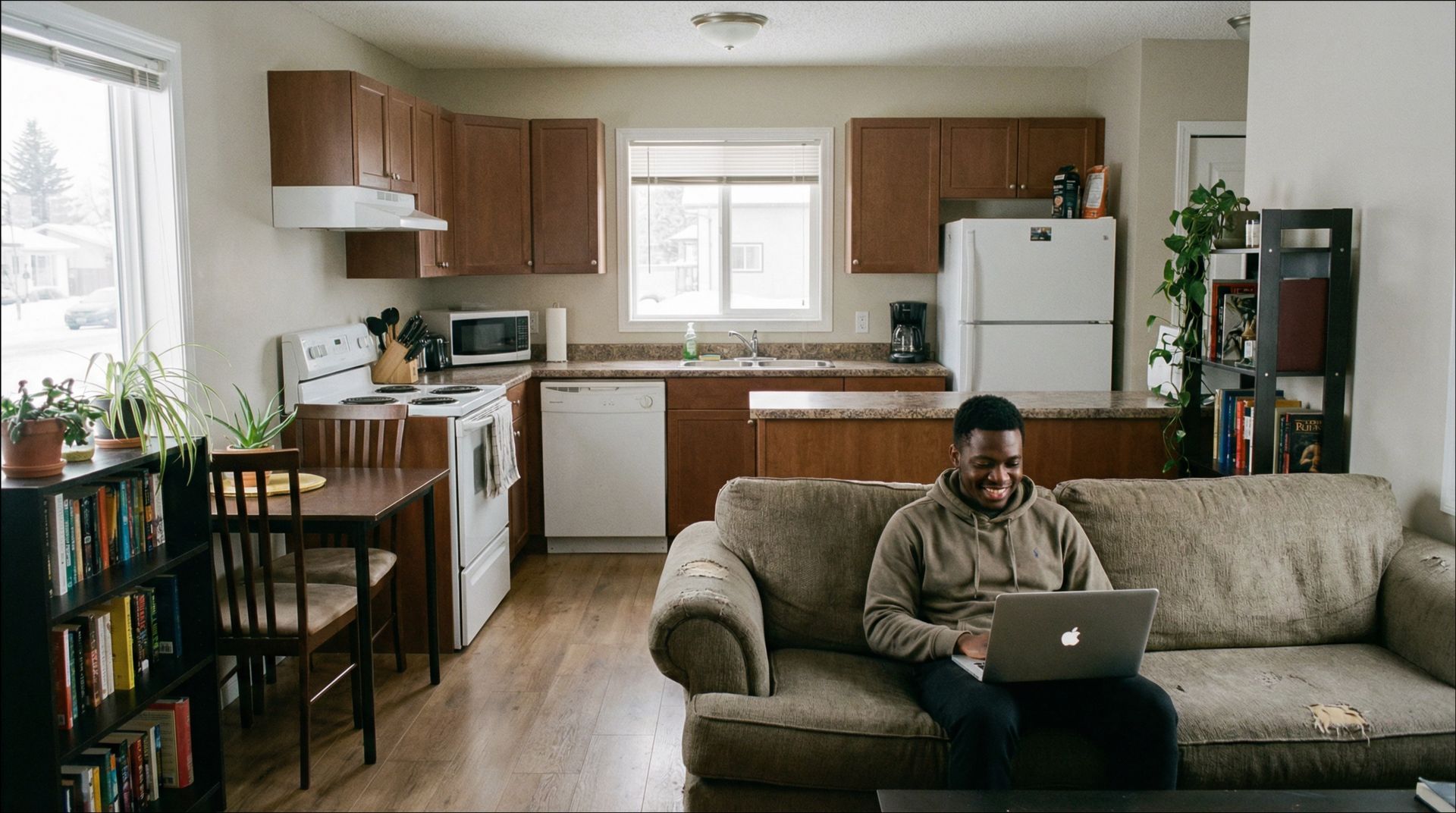Man sitting on sofa, smiling at laptop, in a kitchen/living room with brown cabinets, window, and a bookshelf.