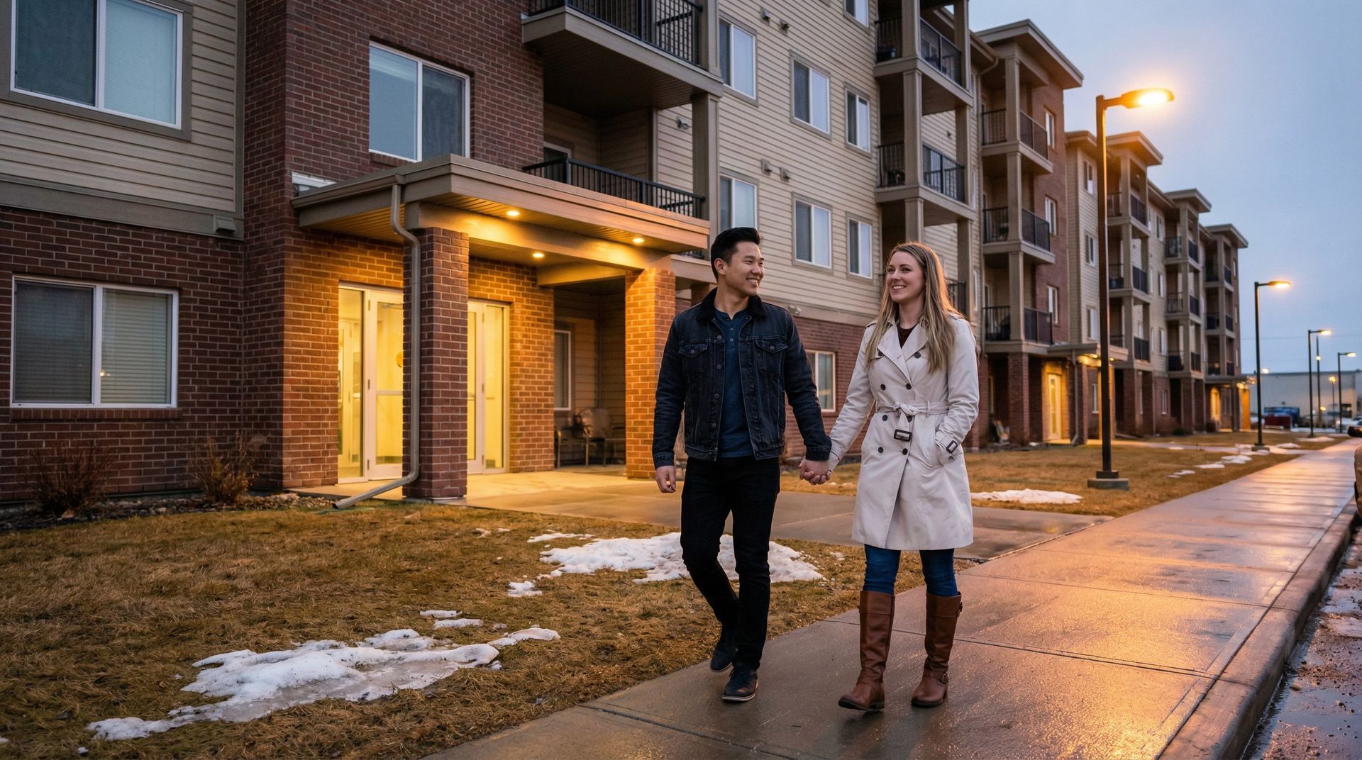 A couple holds hands while walking on a sidewalk outside an apartment building at dusk.