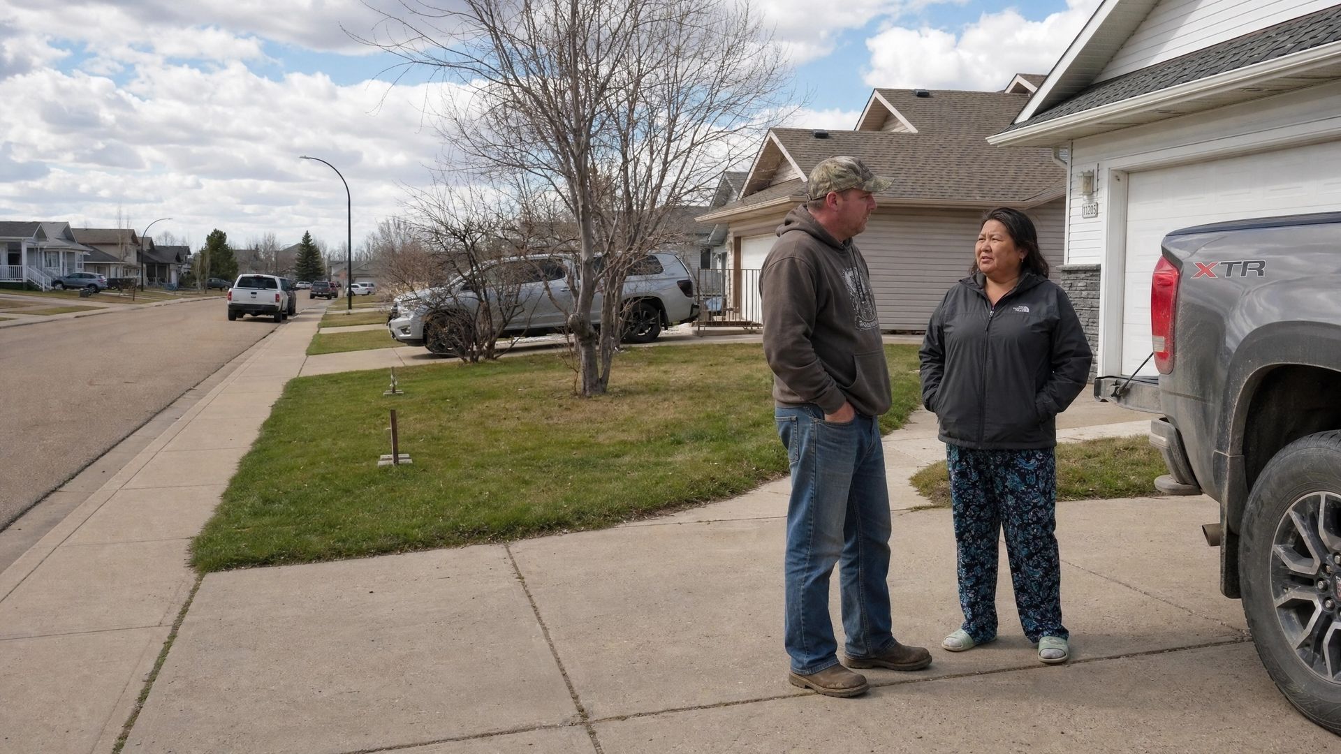 Two people talking on a suburban sidewalk beside parked vehicles and houses on a cloudy day