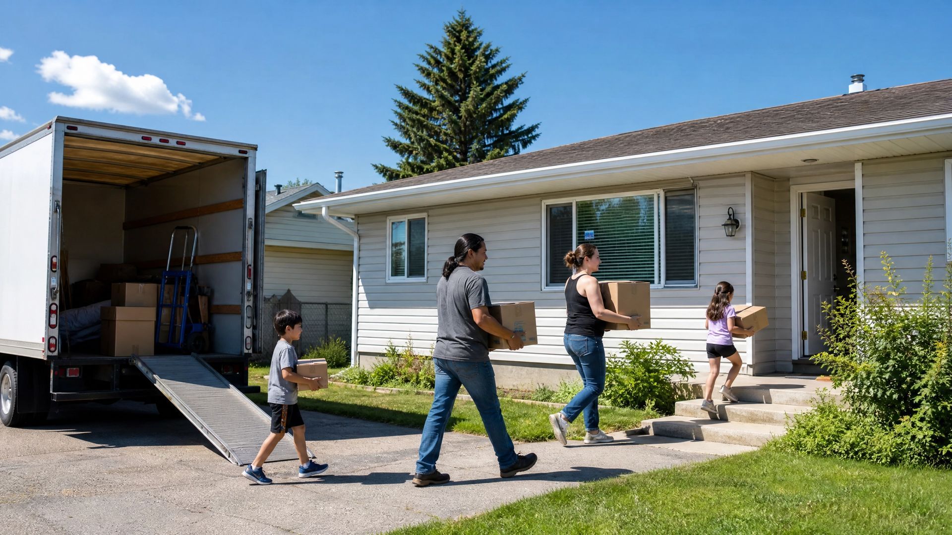 Family carrying boxes into a suburban house beside a moving truck on a sunny day