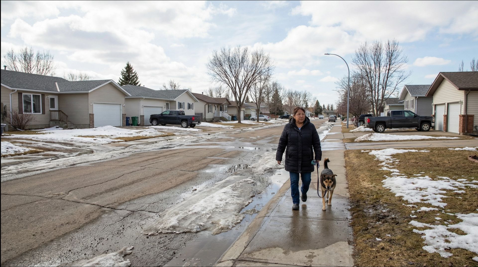 Woman walking dog on a sidewalk in a residential neighborhood with melting snow on the street.