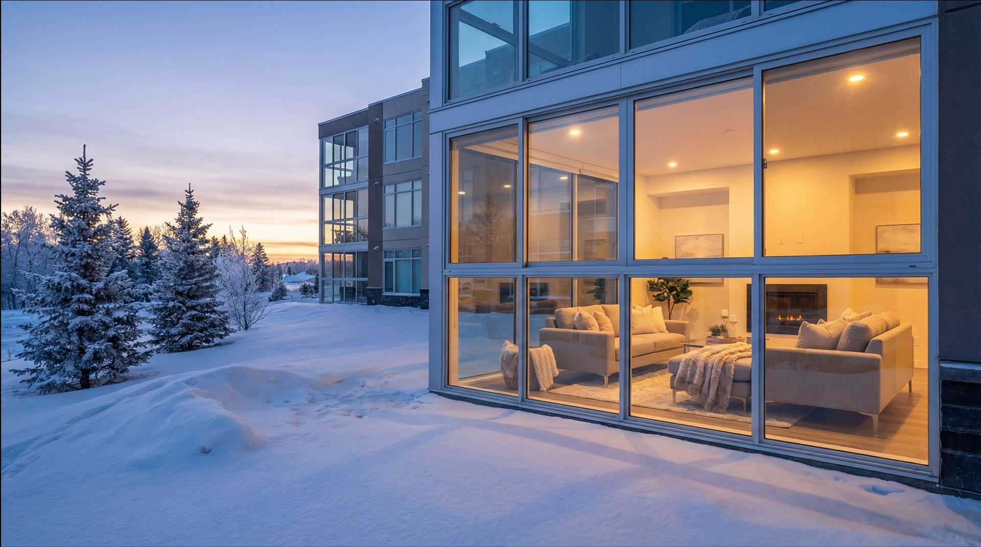 Modern home with large windows overlooking a snowy landscape at dusk. Living room visible with couches, fireplace.