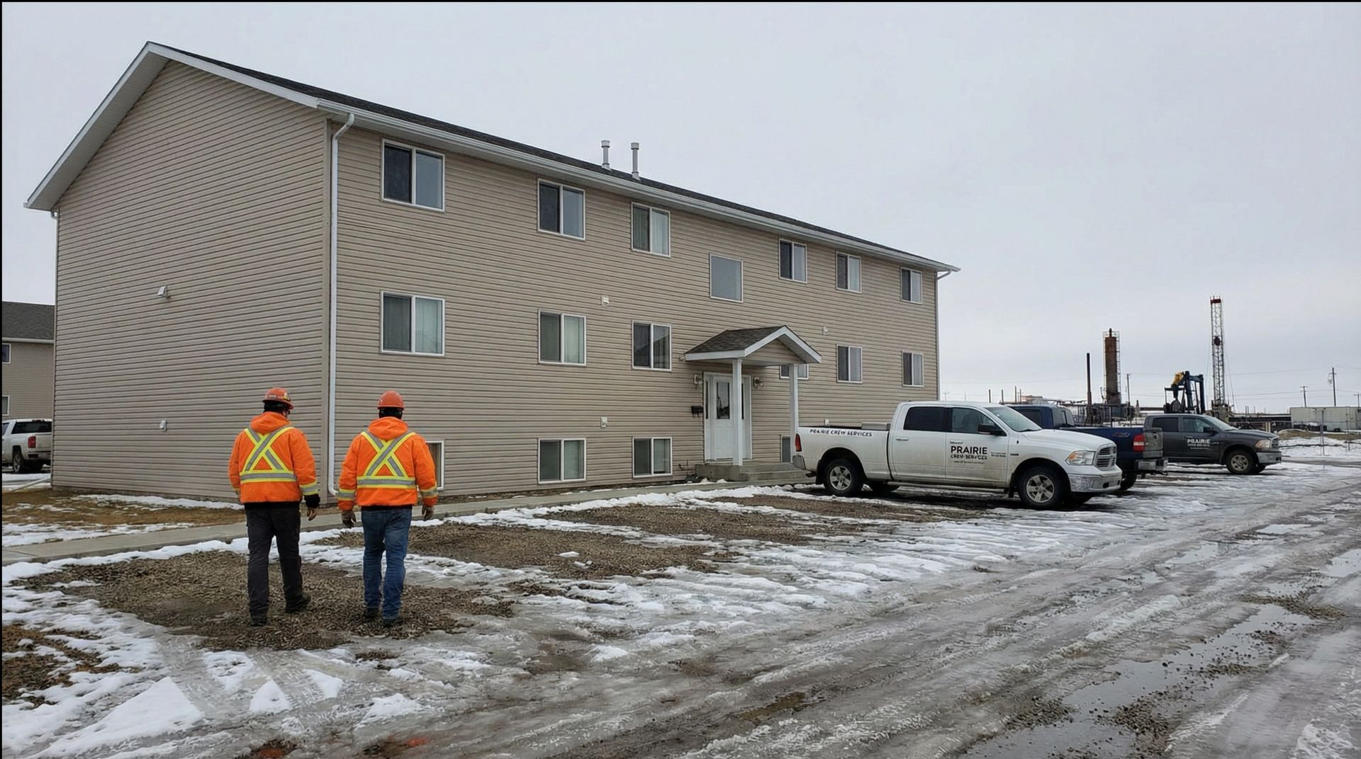Two people in orange vests walk toward a two-story building in a snowy area; vehicles are parked nearby.