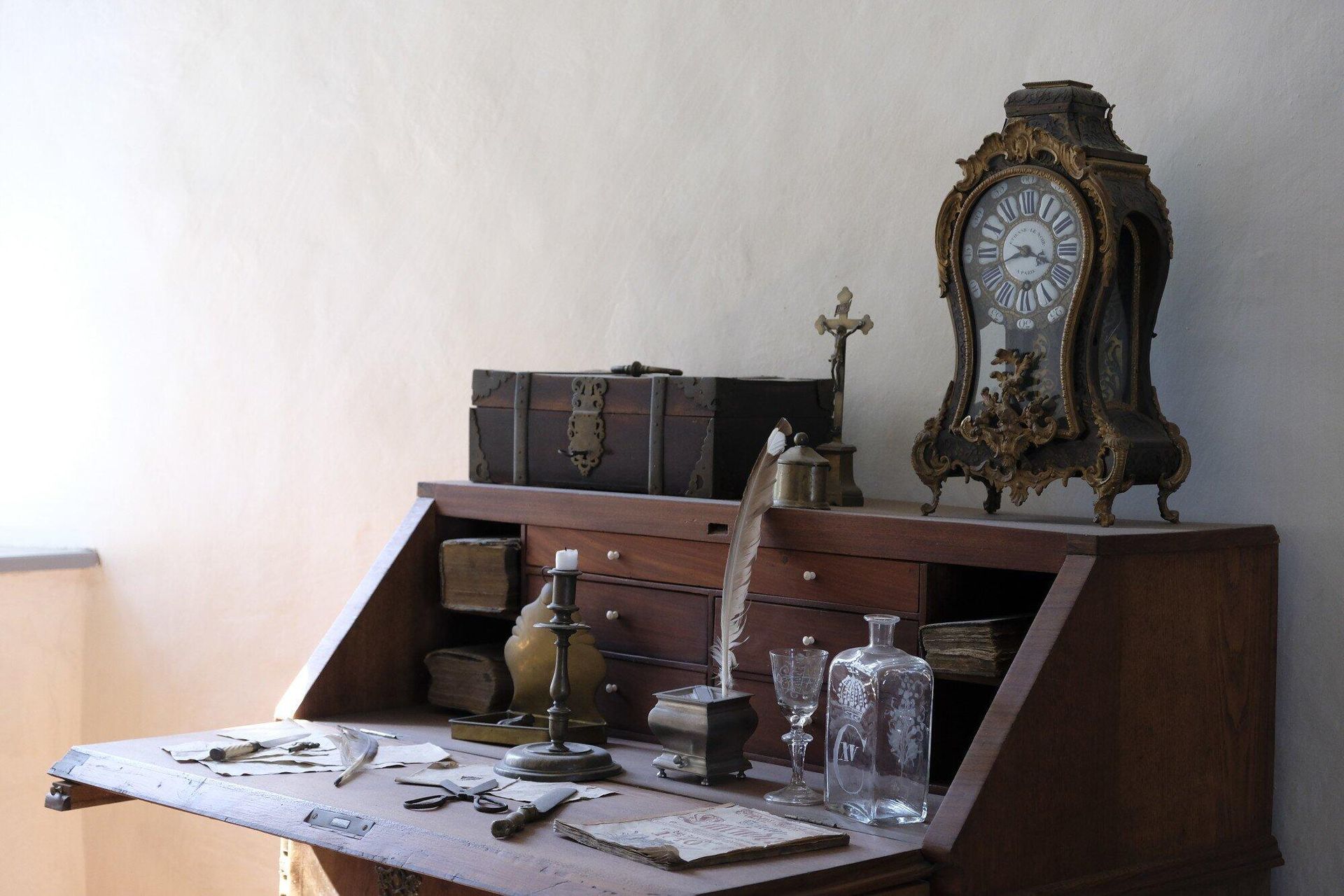 small grandfather clock and desk antique furniture