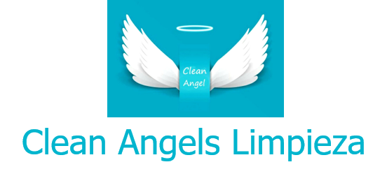 Alas de ángel blancas sobre fondo verde azulado con la inscripción «Ángel limpio». Un halo sobre las alas.