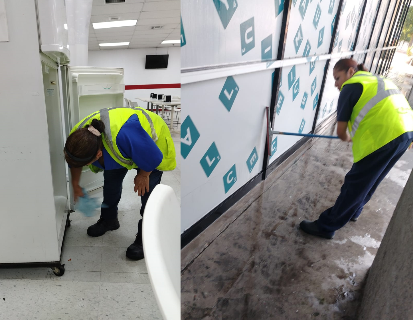 Un hombre con uniforme azul sonríe, sosteniendo un balde con productos de limpieza en una puerta.