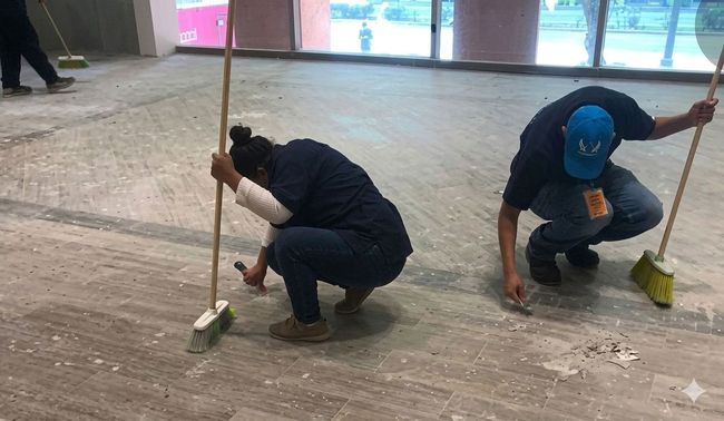 Persona sosteniendo un balde de productos de limpieza, con un trapeador, trapos y botellas, en un interior luminoso.