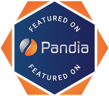 a blue and orange badge that says featured on panda