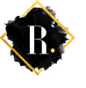 a black and gold logo with the letter r.