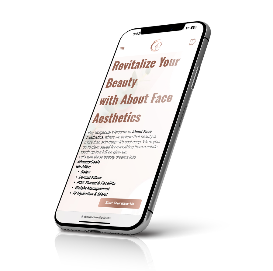A cell phone is displaying a website that says `` revitalize your beauty with about face aesthetics ''.