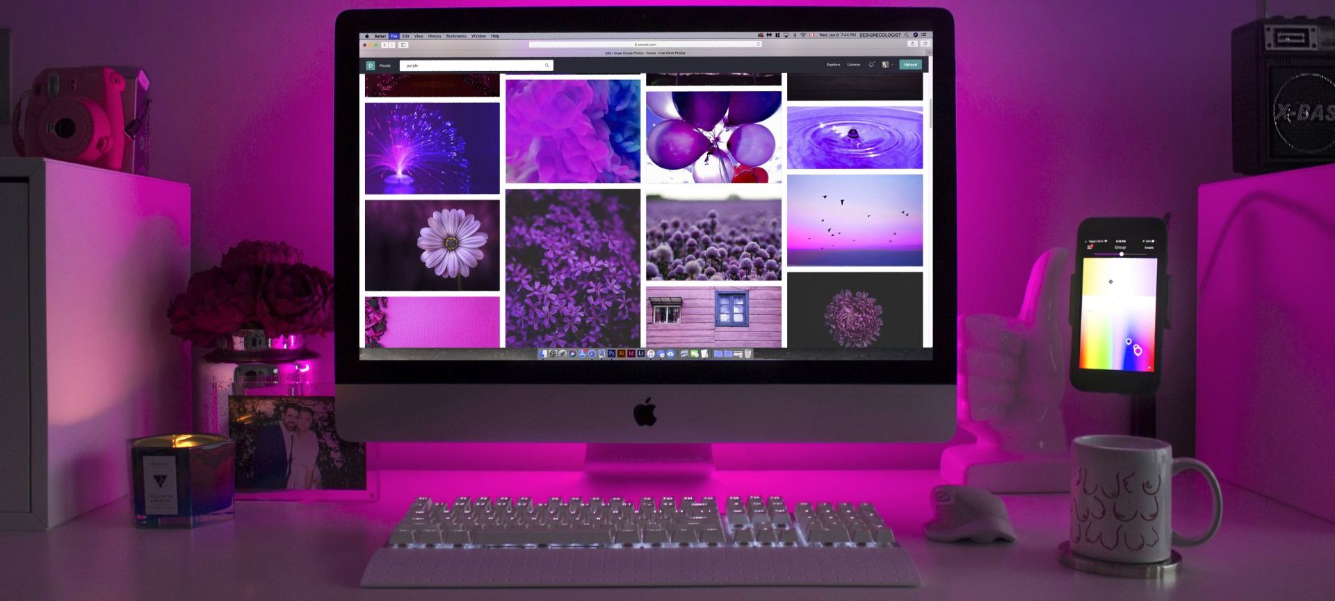 pink computer setup with pink rgb lights