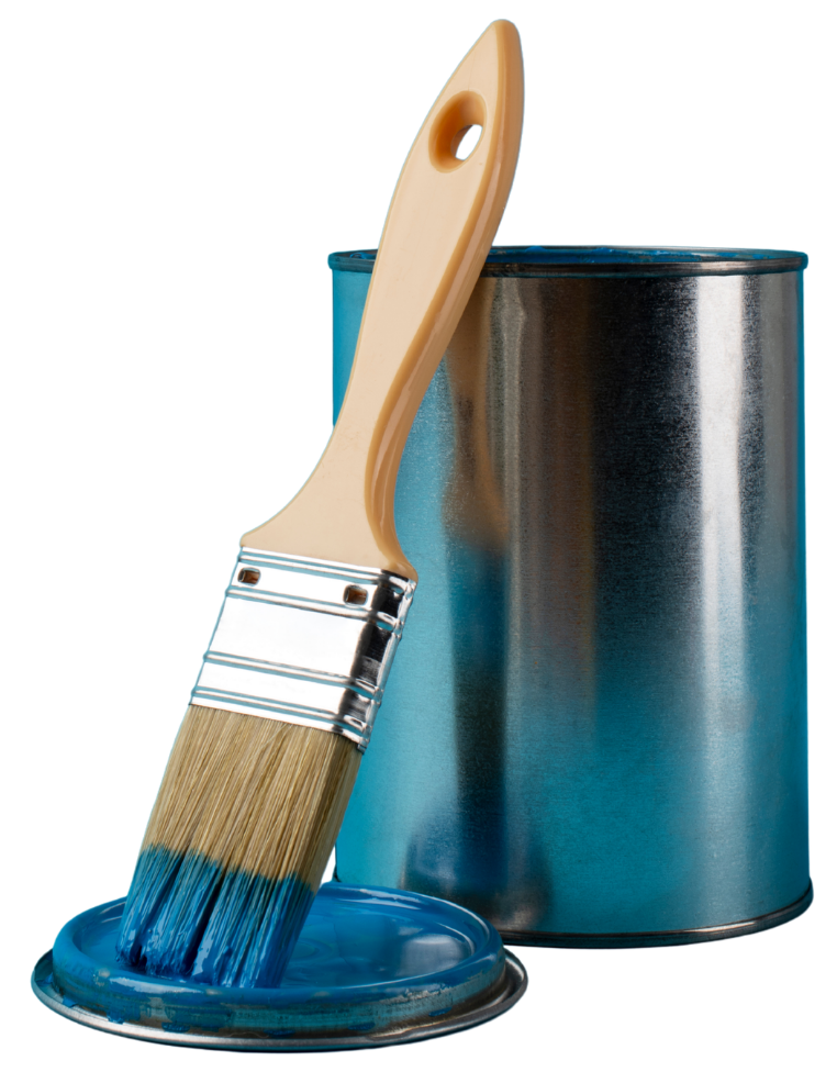 Paintbrush with blue paint dripping from the bristles, leaning against a blue paint can.