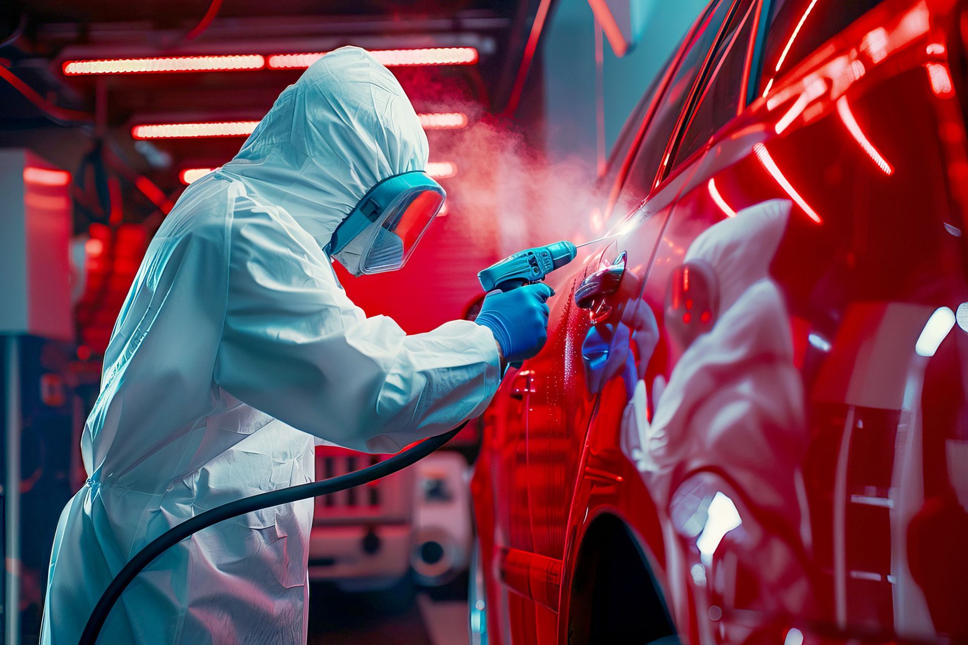 A man in a protective suit is spray painting a red car.