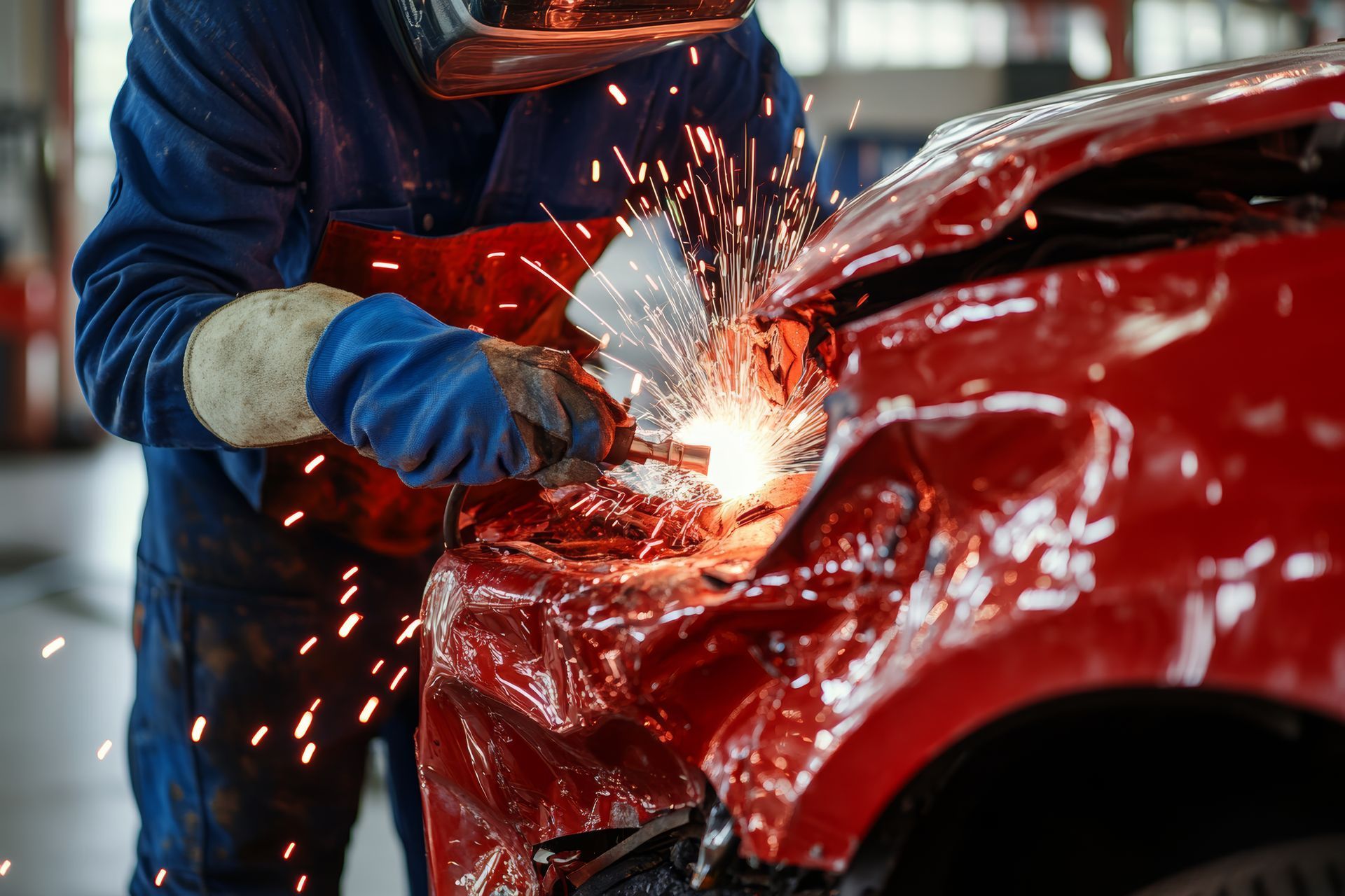A man is welding a red car in a garage.