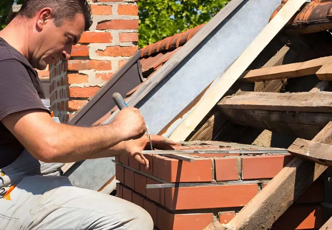Worker laying bricks on a rooftop beside a brick chimney and exposed roof rafters