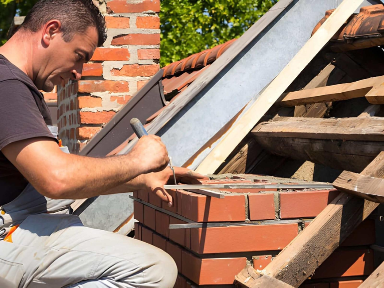 Worker laying bricks on a rooftop beside a brick chimney and exposed roof rafters