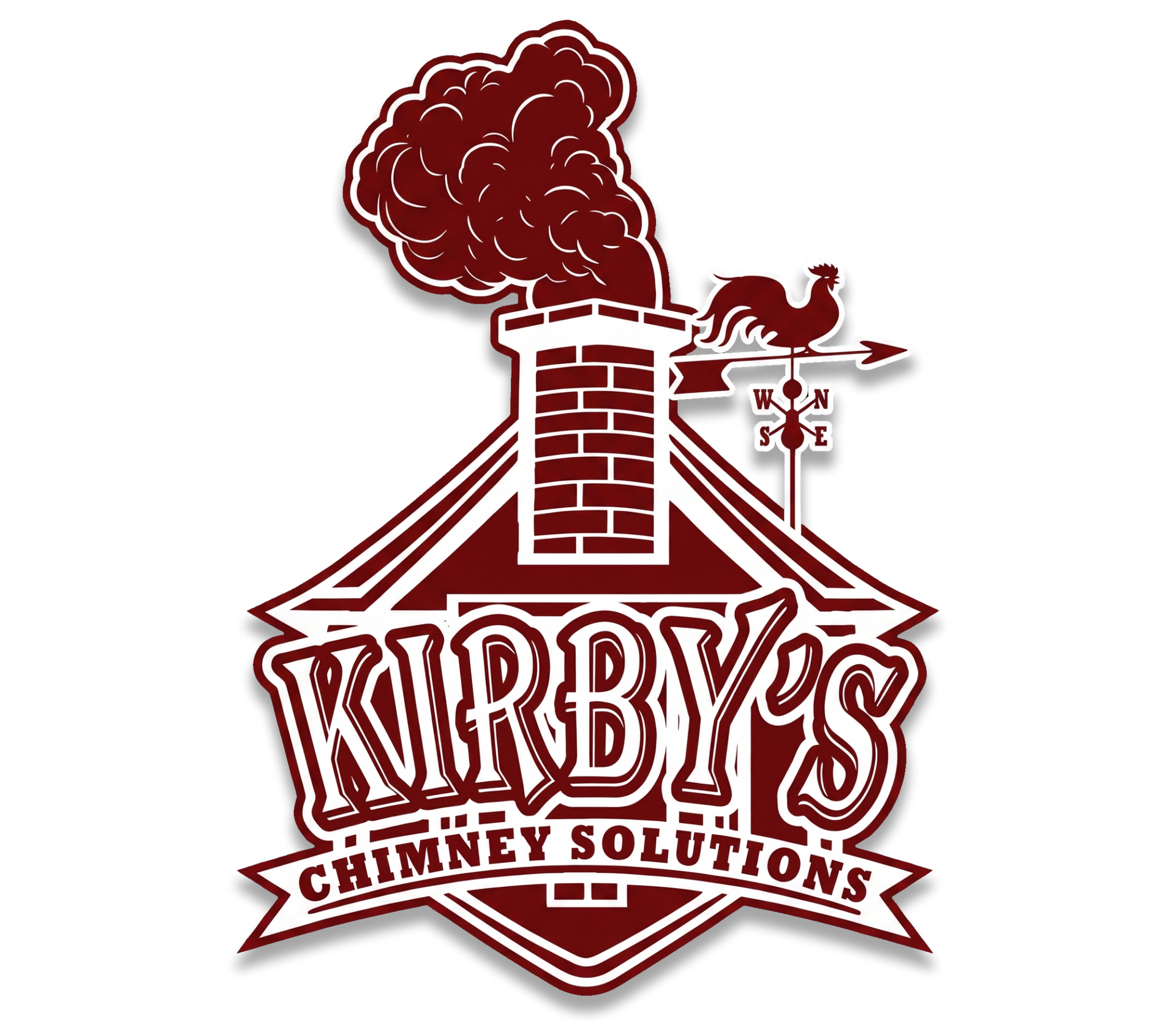 Kirby’s Chimney Solutions logo with a maroon chimney, smoke, and decorative text