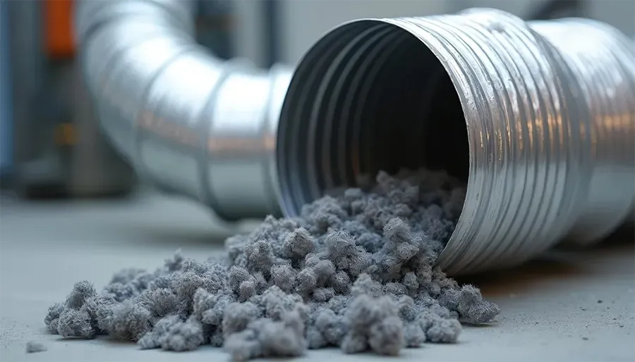 Gray lint spilling from a silver dryer vent hose onto the floor