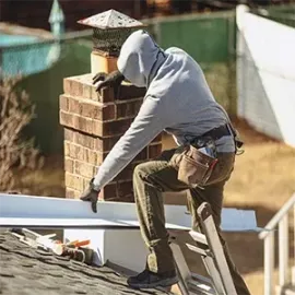 Worker in a gray hoodie installing roofing material on a roof, with tools nearby.