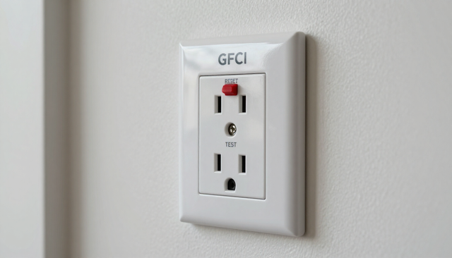 White GFCI electrical outlet on a wall with red reset and black test buttons