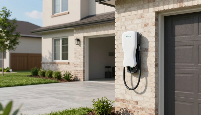 Home exterior with a wall-mounted EV charger beside a garage driveway