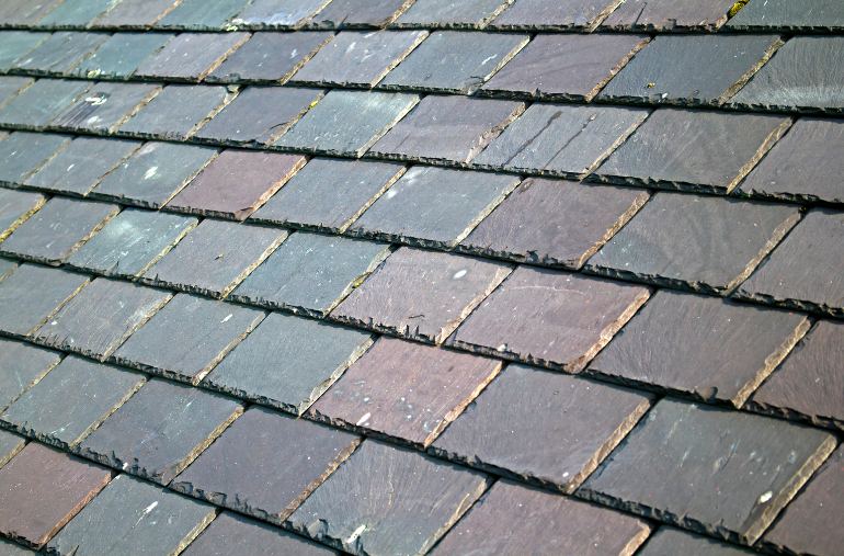 A row of slate tiles on a roof.