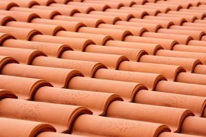 A row of red clay tiles on a roof.