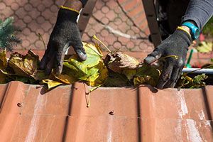 A person is cleaning a gutter on a roof with a ladder.