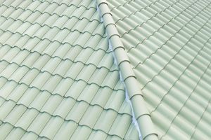 A row of light green clay tiles on a roof.