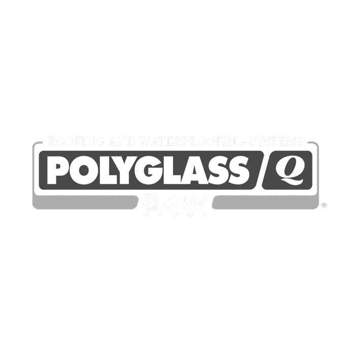A black and white logo for polyglass q on a white background.