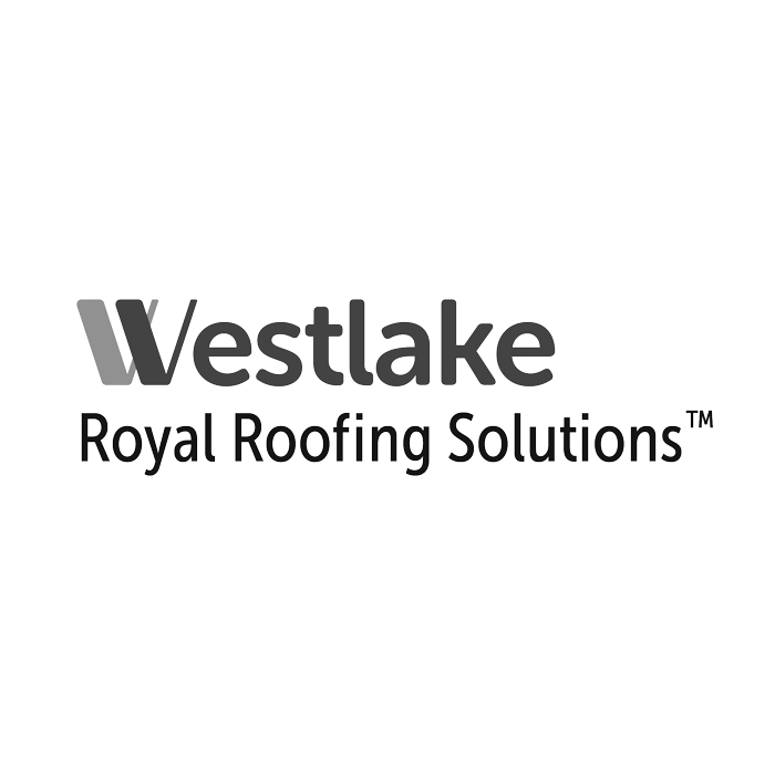 A black and white logo for westlake royal roofing solutions.