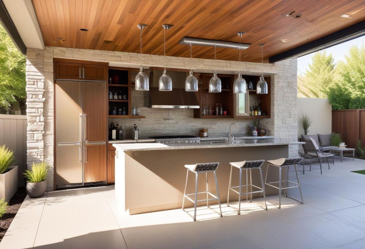 A kitchen with stools and a wooden ceiling