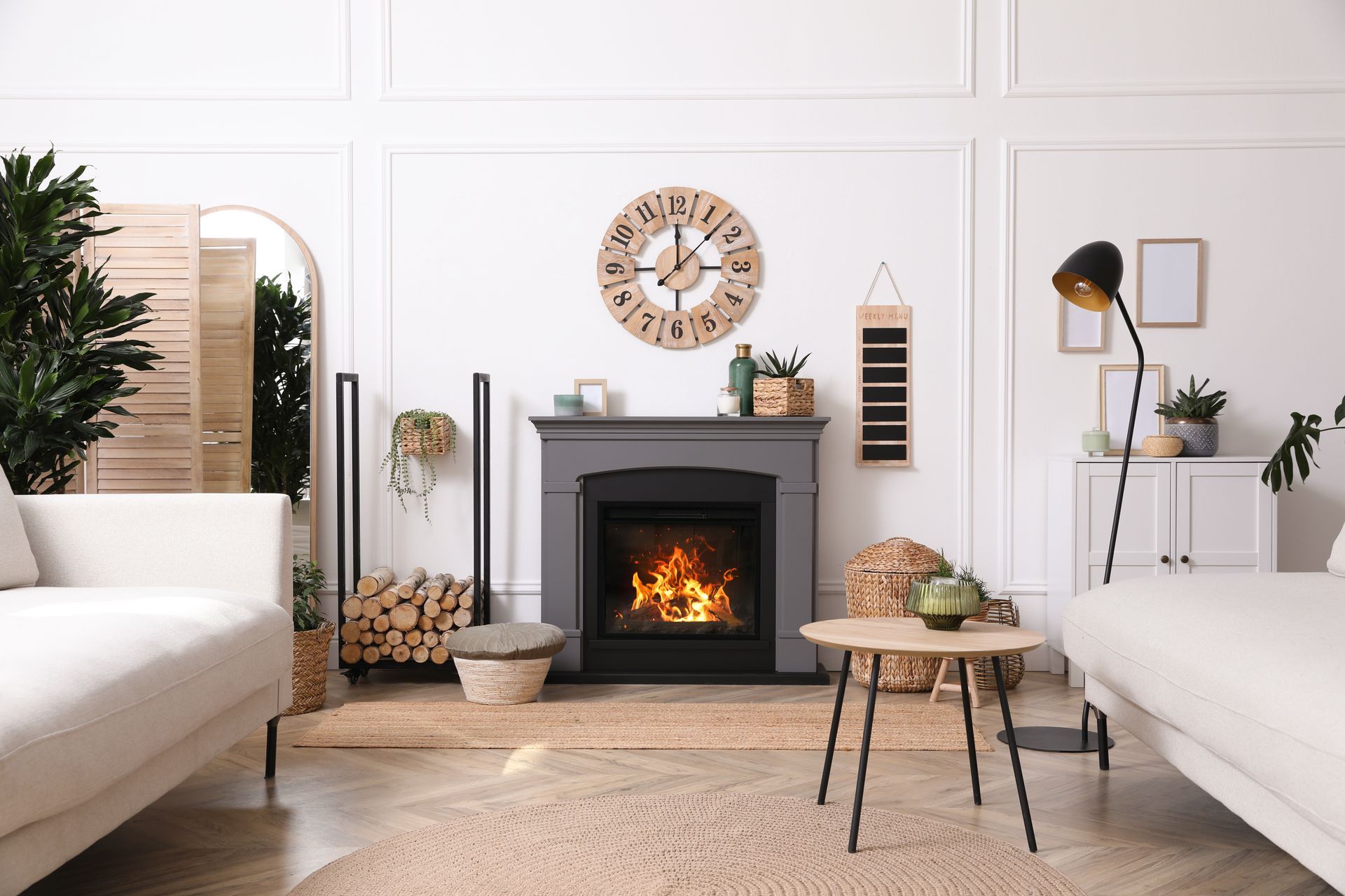 A living room with a fireplace and a clock on the wall.