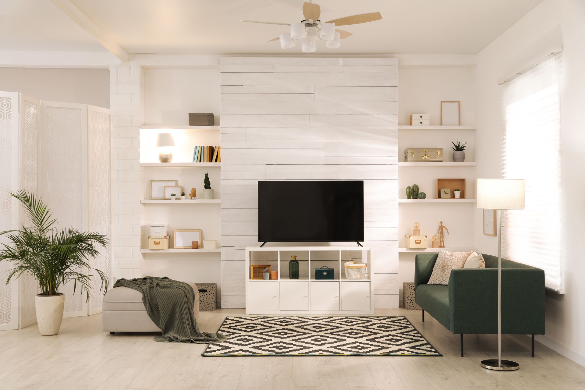 Living room with a green couch, shelves with decor, a TV, and a patterned rug on a white wall backdrop.