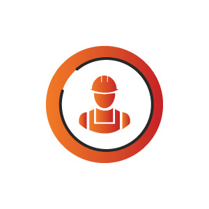 A man wearing a hard hat and overalls is in a circle.
