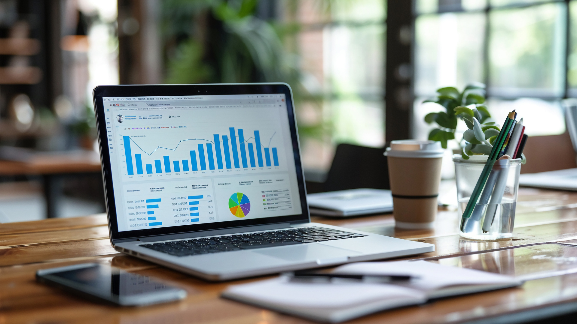 Laptop displaying financial charts on a wooden desk with a smartphone, coffee, and plants.