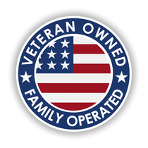 A veteran owned family operated logo with an american flag