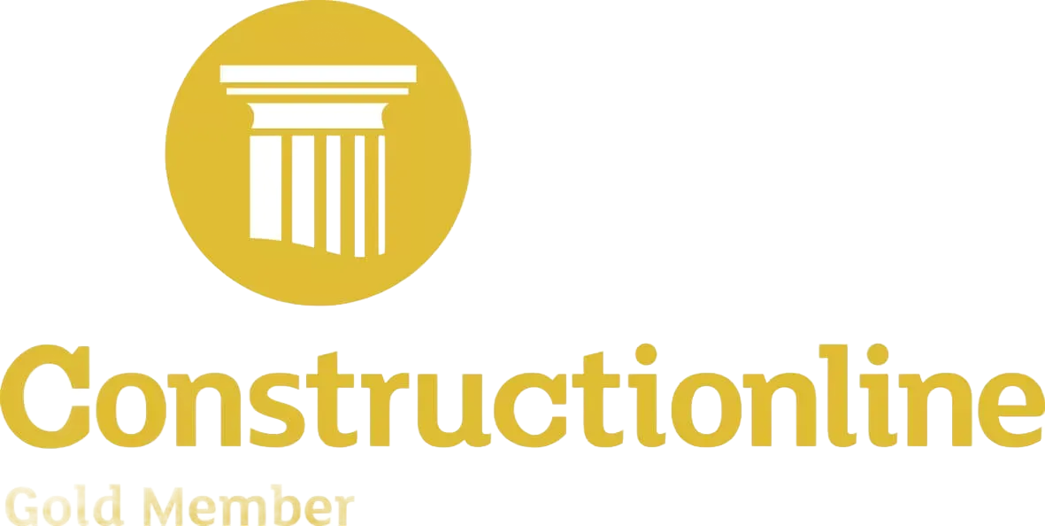 Constructionline Gold Member logo, a gold circle with a column illustration and the word