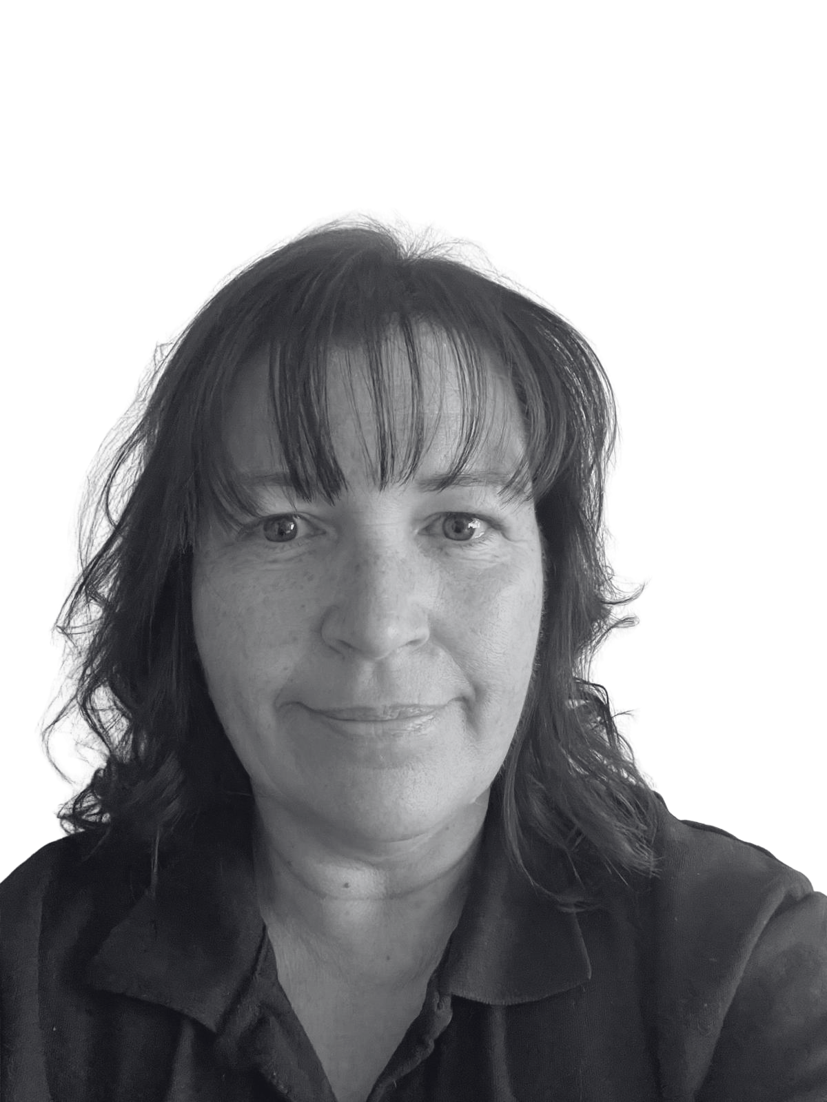 Woman with dark hair and bangs, looking at the camera, wearing a dark collared shirt.