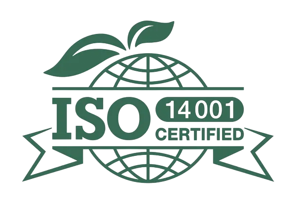 ISO 14001 certification logo: Globe with leaves, green text