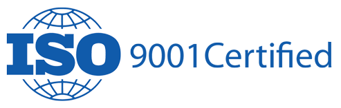 ISO 9001 Certified logo in blue with a globe graphic. The text reads