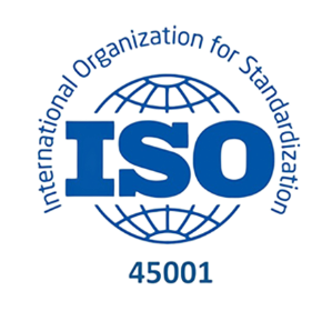 ISO 45001 certification logo: blue globe,